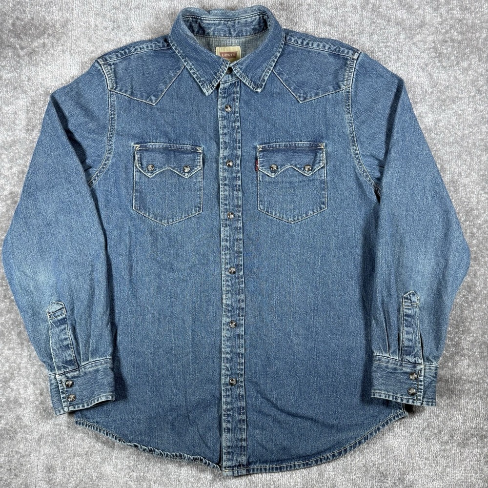 Levi's Denim Shirt Men's Medium Blue Pearl Snap Sawtooth Pockets Western